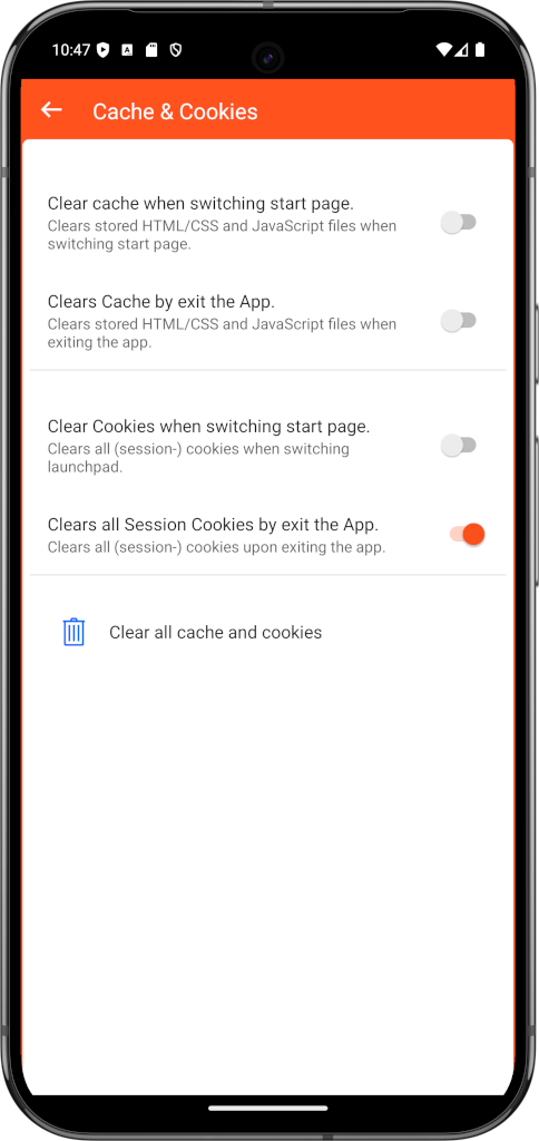 Clear cache &amp; cookies settings